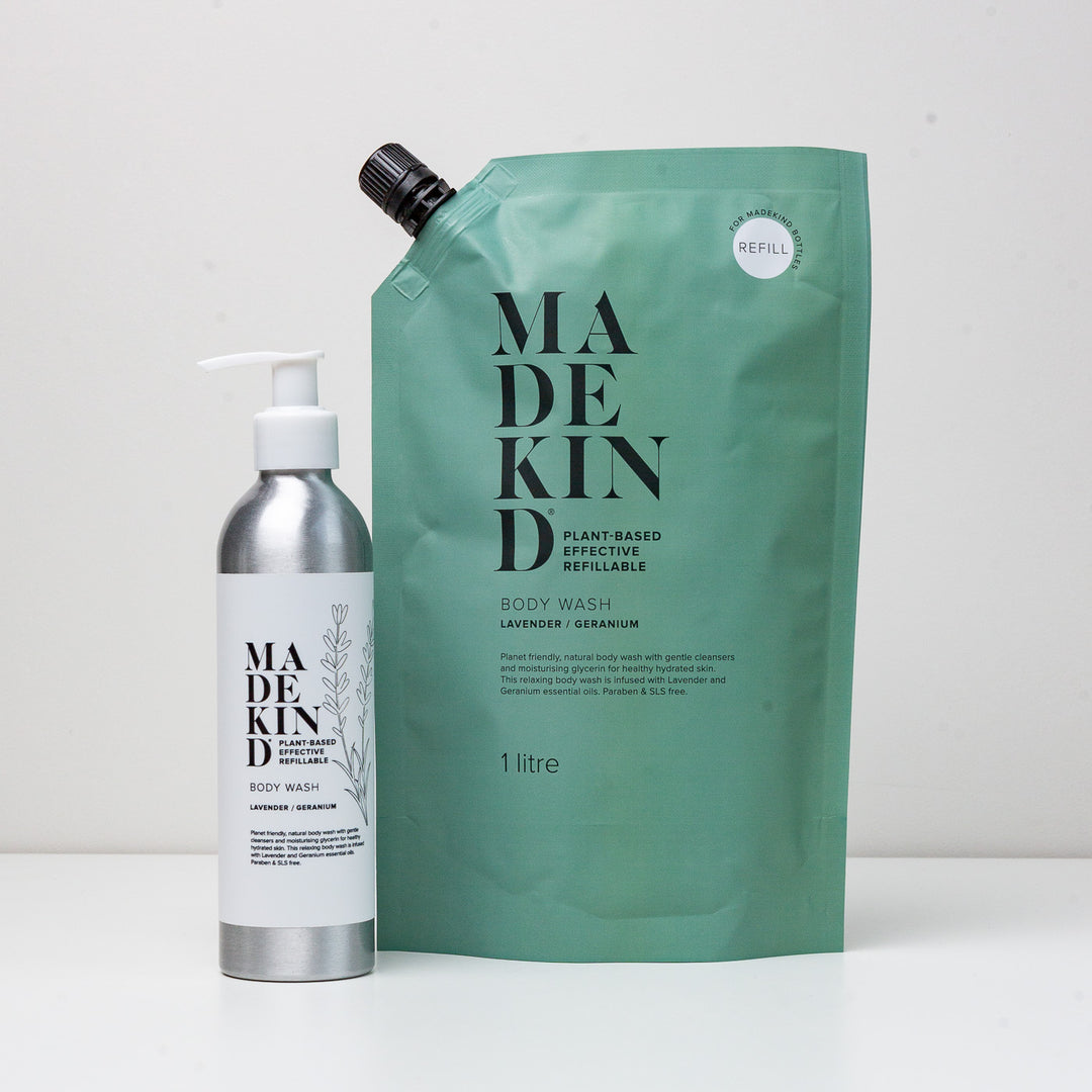 photo of MadeKind 1 litre body wash refill and 250 empty aluminium bottle