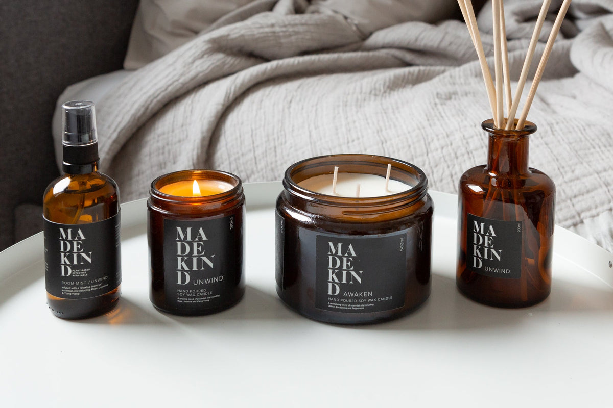 Natural aromatherapy candles and home fragrance including room mist and room diffuser all using essential oils