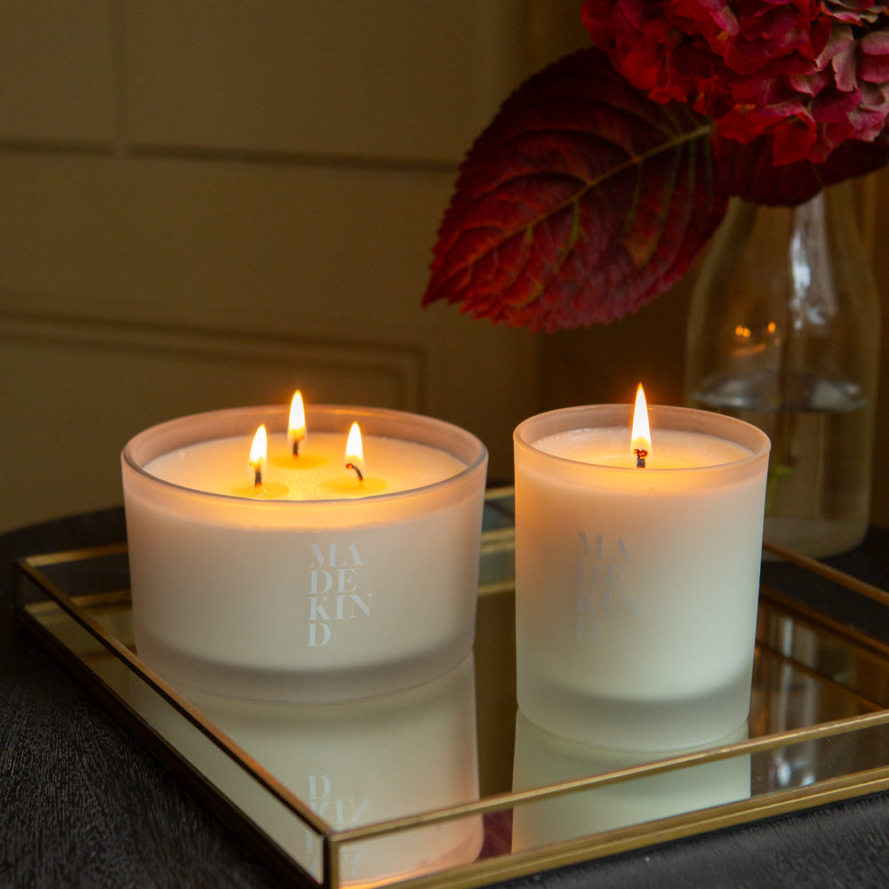 Photo of mirrored tray with 30CL and 50CL Focus Aromatherapy Candles