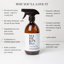 Load image into Gallery viewer, photo of the MadeKind 500ml natural bathroom cleaner with benefits detailed.

