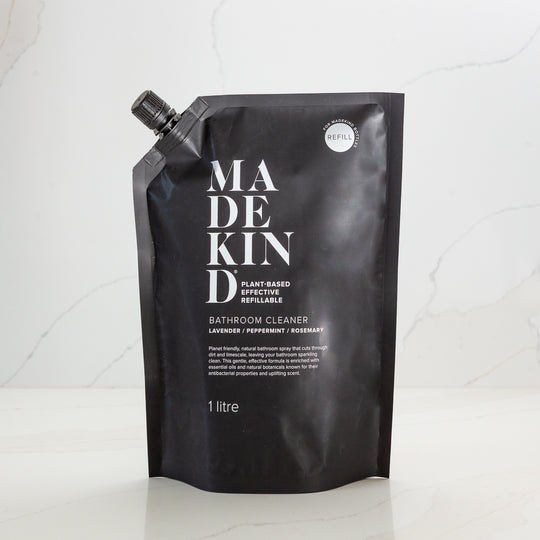 Natural, eco-friendly bathroom cleaner in 1L pouch. Removes limescale