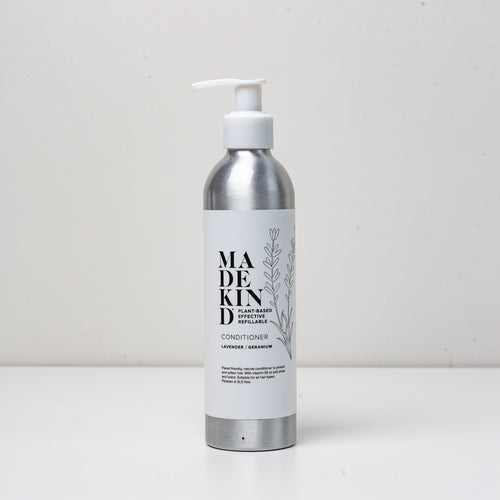 photo of a 250ml MadeKind natural hair conditioner, scented with Lavender & geranium, in an aluminium bottle