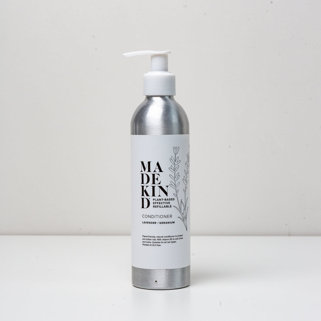 photo of a 250ml MadeKind natural hair conditioner, scented with Lavender & geranium, in an aluminium bottle