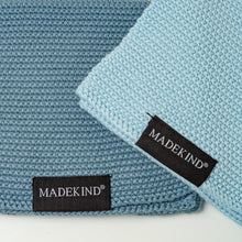 Load image into Gallery viewer, Photo of two blue madekind cloths with the logos showing
