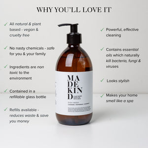 photo of the MadeKind 500ml natural dish wash with benefits detailed.