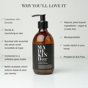 Photo of MadeKind 300ml lavender & geranium hand wash with benefits listed