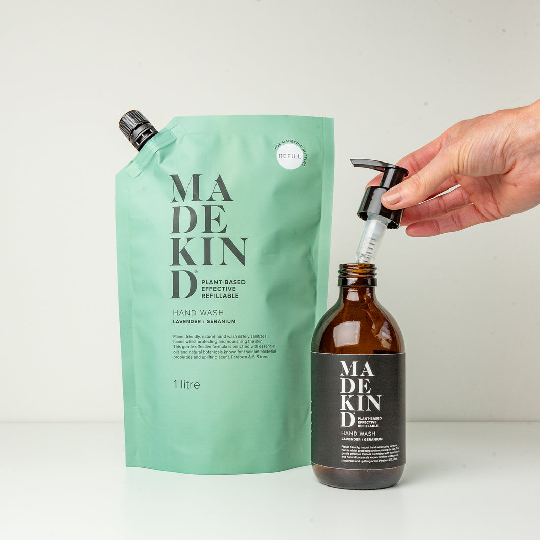 photo of MadeKind 1 litre lavender & geranium hand wash with empty 300ml amber glass bottle