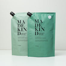 Load image into Gallery viewer, A photo of 1 Litre Refill pouches of MadeKind&#39;s natural shampoo and conditioner scented with orange blossom and grapefruit
