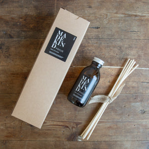 Photo of the MadeKind Focus Reed Diffuser box, bottle and reeds