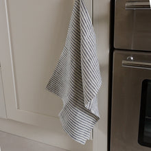 Load image into Gallery viewer, Photo of a woven linen grey striped tea towel
