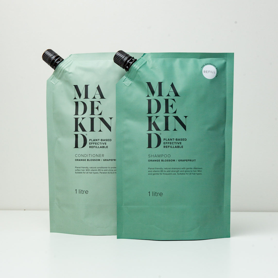 Photo of 2 1 litre refill pouches of natural shampoo and natural conditioner