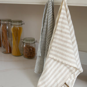 Woven Linen Natural and White Striped Tea Towel
