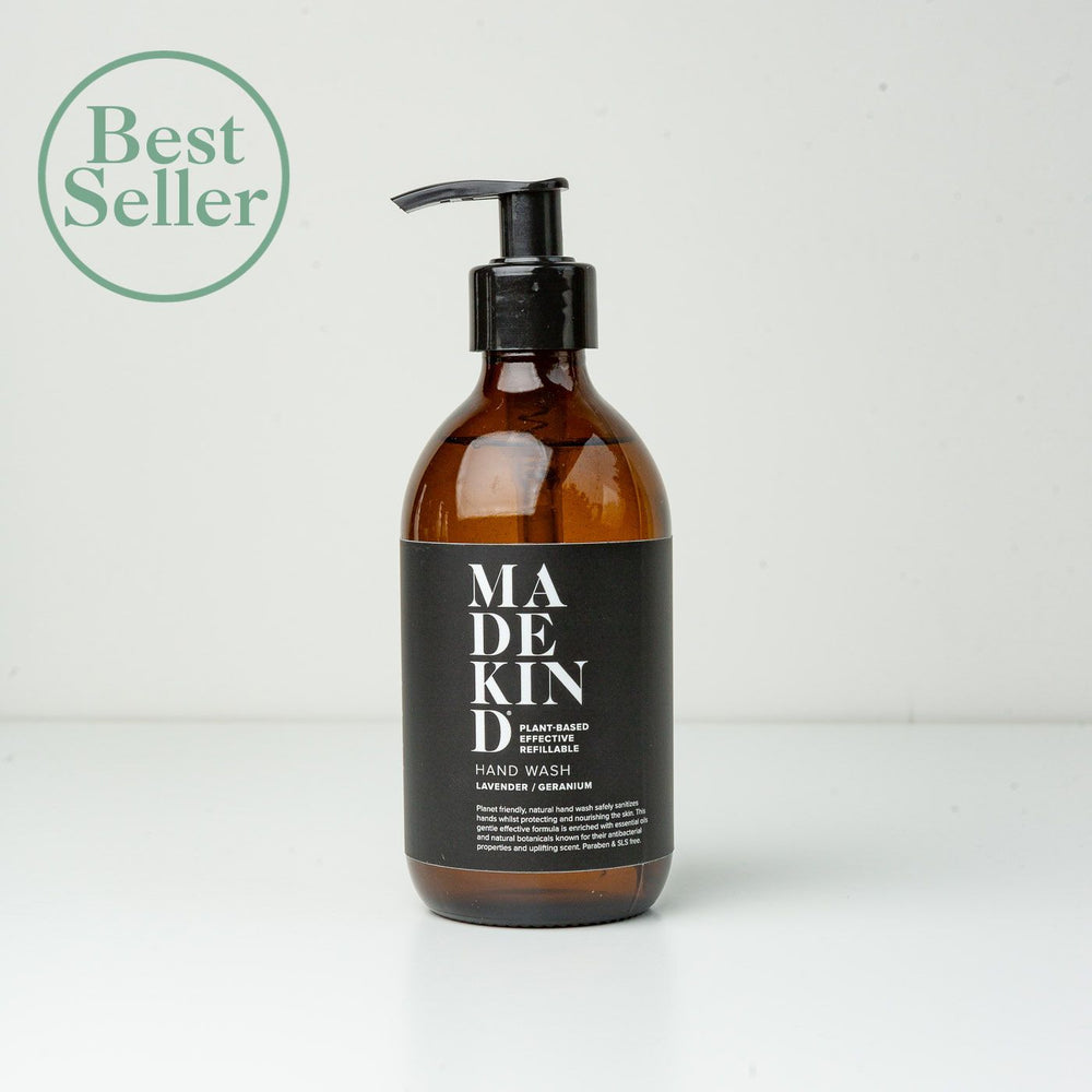 Photo of the best selling MadeKind natural hand wash in an amber glass bottle