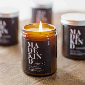 Madekind Unwind Soy wax aromatherapy candle with essential oils in glass container