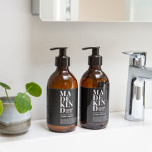 Load image into Gallery viewer, Natural hand wash and hand lotion in set in amber glass bottle swith lavender and geranium essential oils
